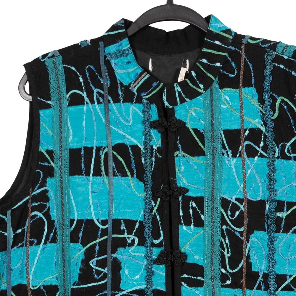Abstract Crafty Vest XL Black Turquoise Scribbled Stitching Toggles Mandarin - Picture 2 of 6